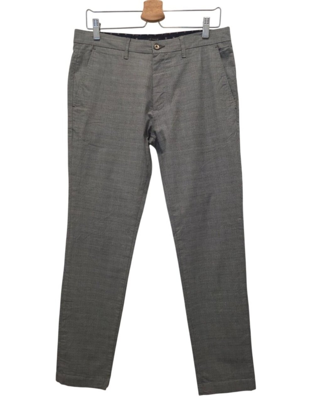 Ted Baker London SARI Gray Checkered Slim-Fit Cotton Blend Chino Pants Men 32x31
